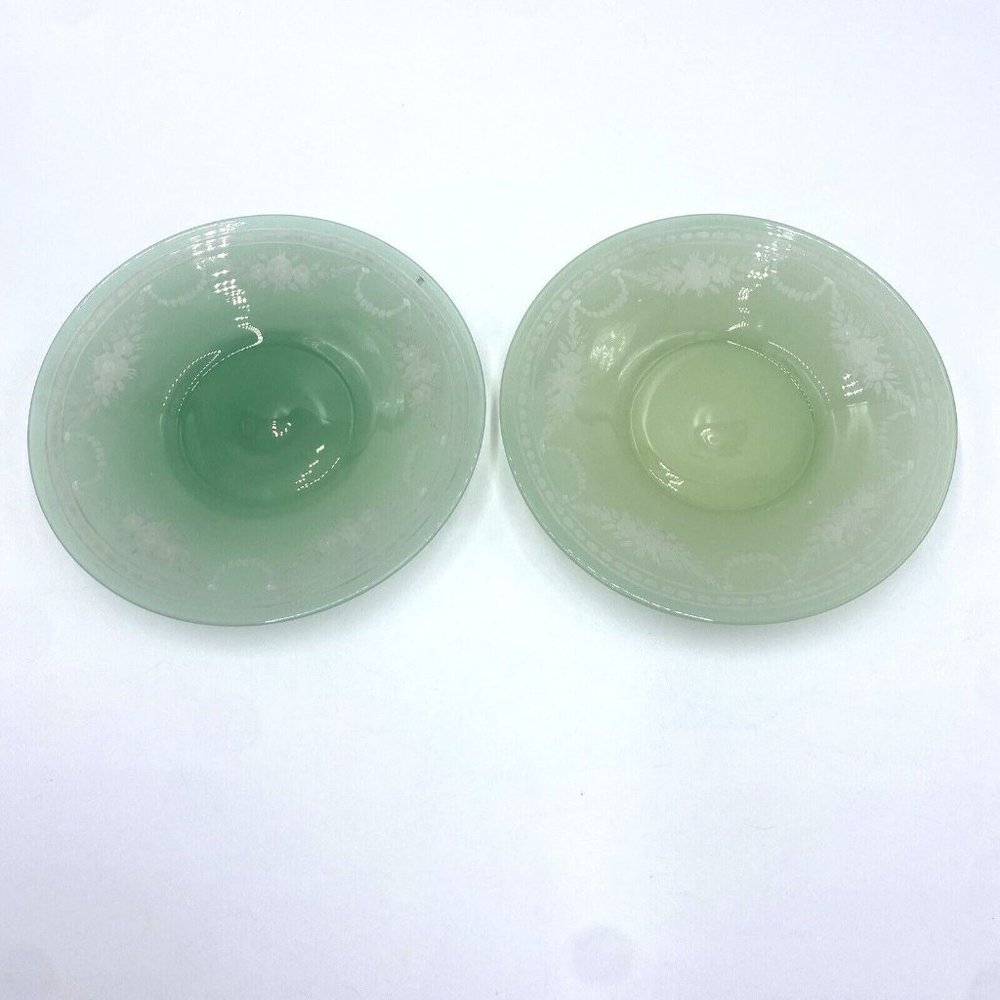 Jade Green Art Glass 7” Plates Engraved to Alabaster, Carder Steuben ? Unmarked
